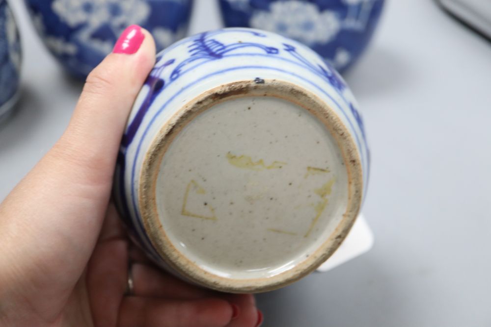 Three Chinese blue and white jars and a seal paste vessel, jars H.15cm including lid